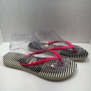 Havaianas Slim Graphic flip flops Black/White Stripes & Pink Straps, Size 9/10W